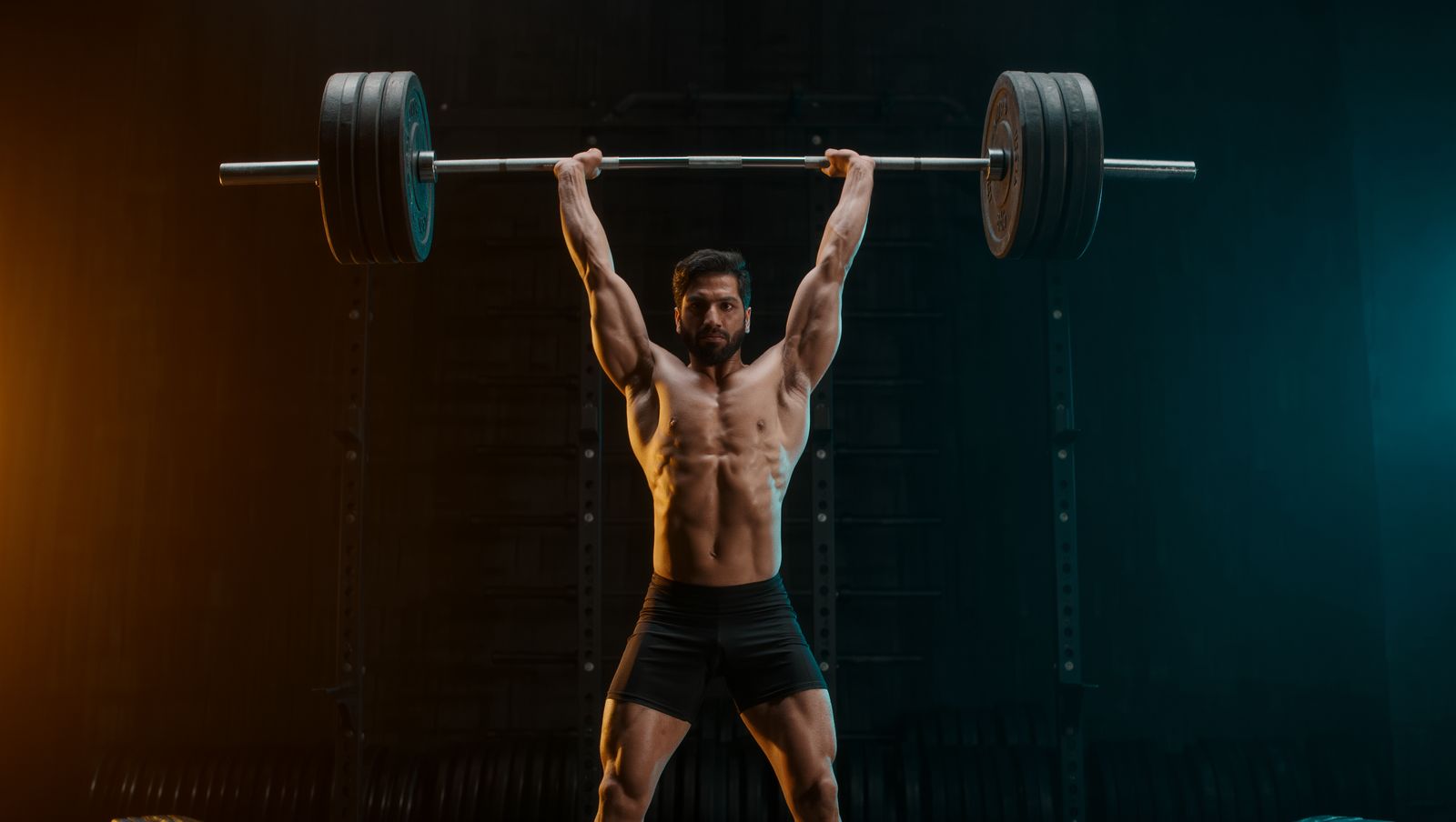 Athlete pressing a heavy barbell overhead in a dark gym