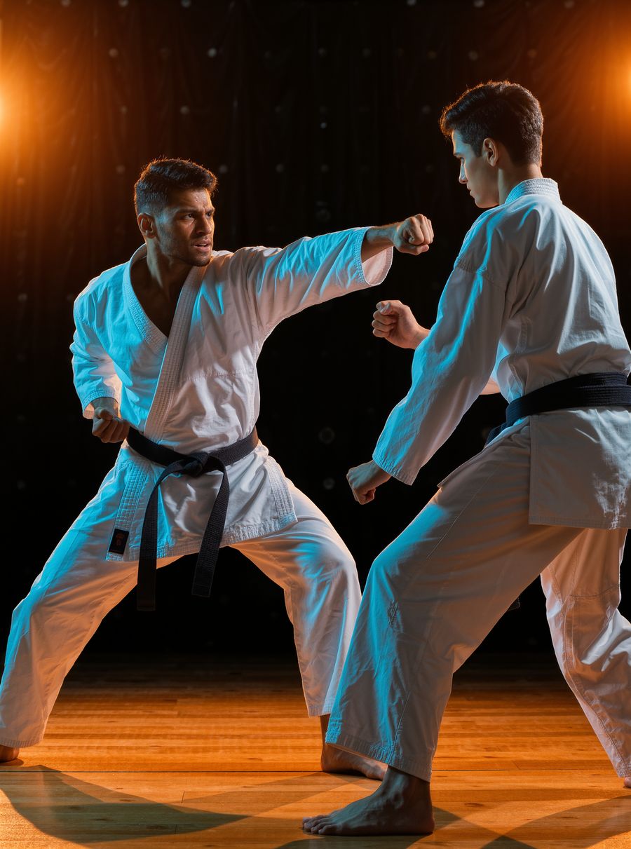 Two karate students sparring in white gi