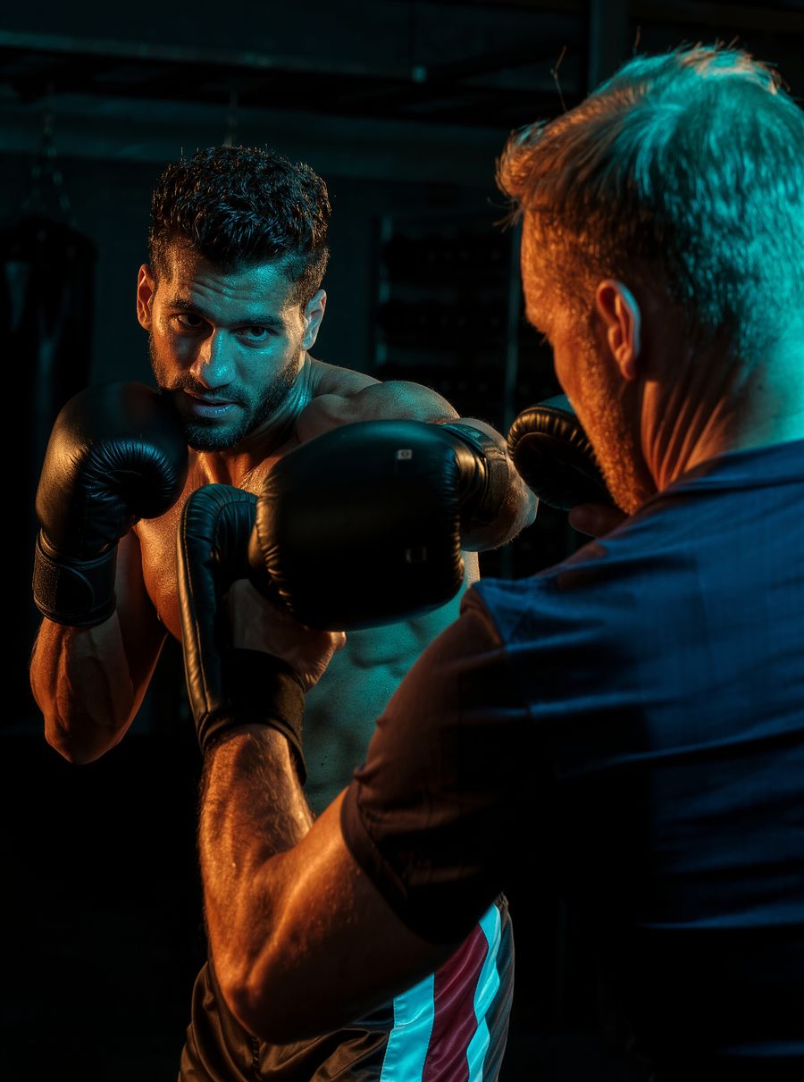 Boxer in gloves sparring with a coach in a combat gym